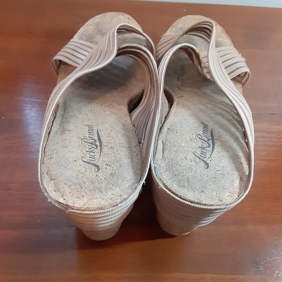 LUCKY BRAND MILLER Beige Criss Cross Strap Cork Wedge Slide Sandals - Picture 13 of 13
